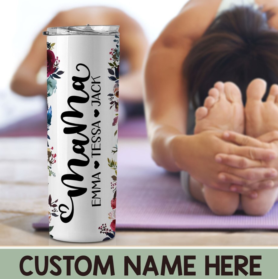 Personalized Floral Mama Tumbler Custom Mom Tumbler With Kids Names Mama Skinny Tumbler Mama Cup Mothers Day Gift Mama Gift